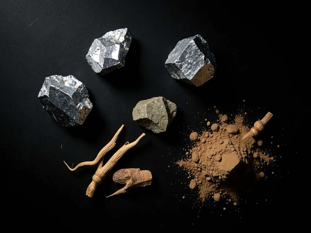 Raw minerals and botanical ingredients on black surface