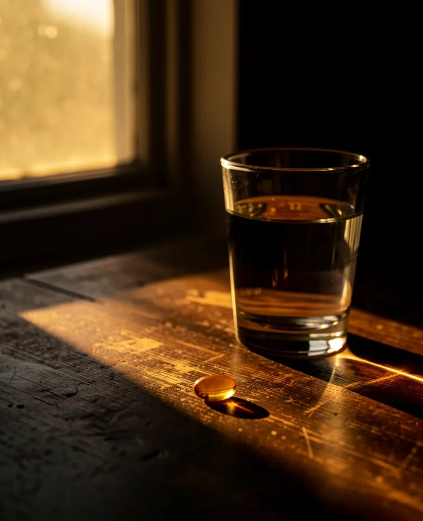 Sunlight on wooden surface with supplement